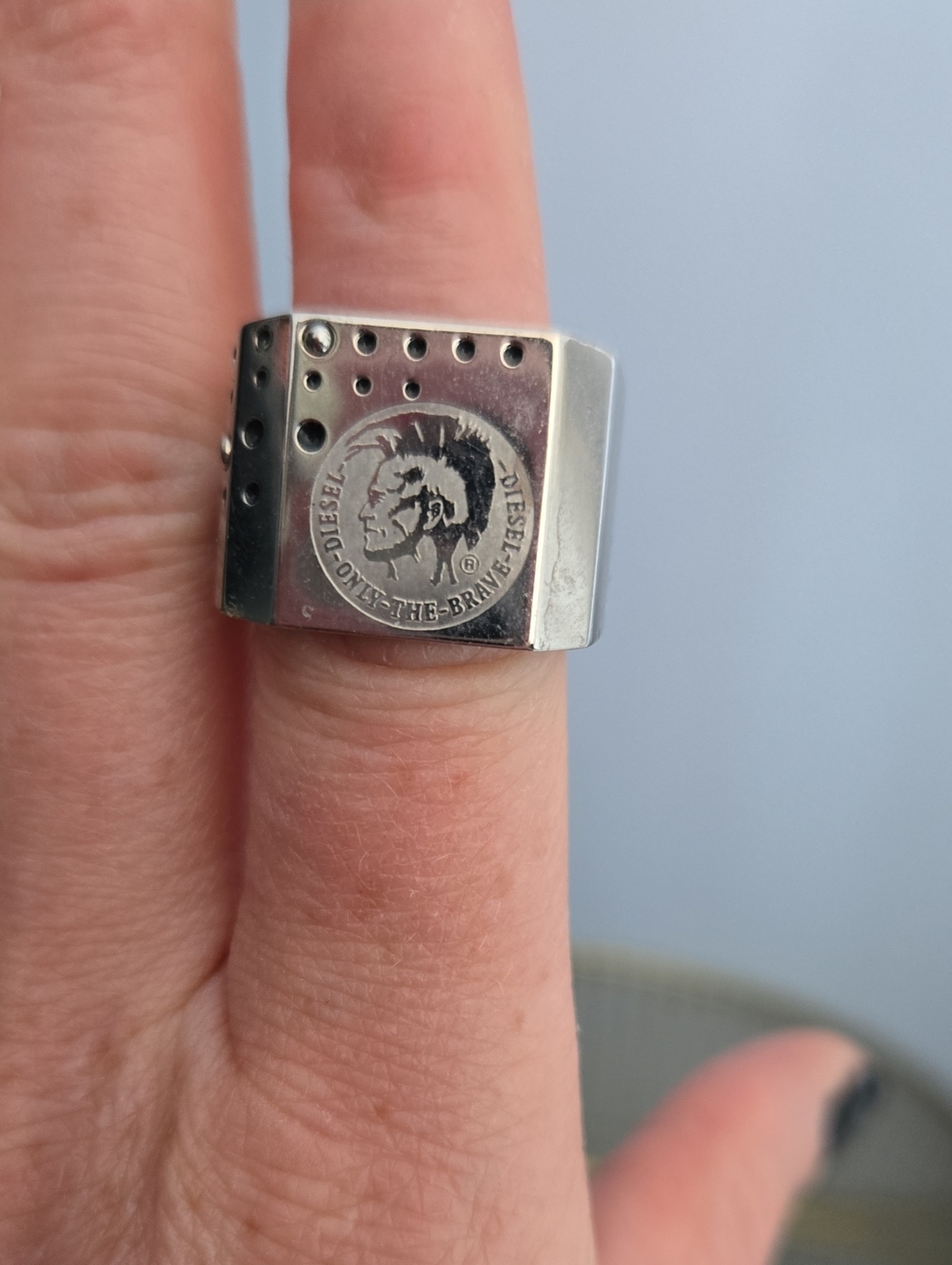 Diesel Silver-Tone Engraved Logo Rectangular Signet Ring